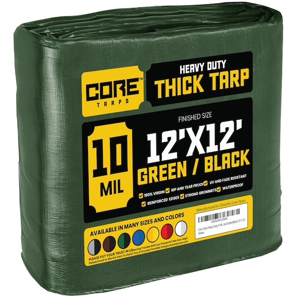 Core Tarps Heavy Duty Tarp, 12 ft L x 0.5 mm H x 12 ft W, 10 Mil, Green/Black, Polyethylene CT-603-12X12 - main